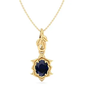 1 Carat Oval Shape Sapphire Ornate Necklace In 14K Yellow Gold