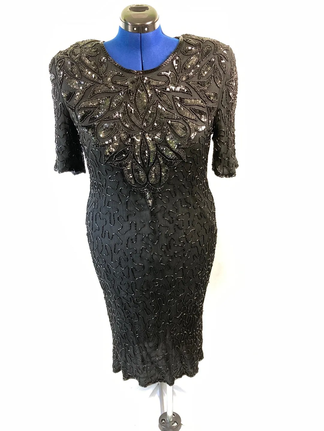 1980's Black Beaded Silk Formal Mother of Bride Dress Vintage Women's  XLG