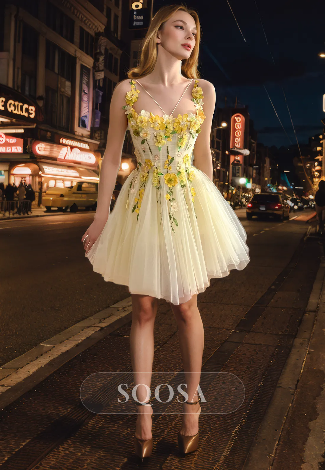 A Line 3D Flowers Yellow Cute Homecoming Dress Short Prom Dress