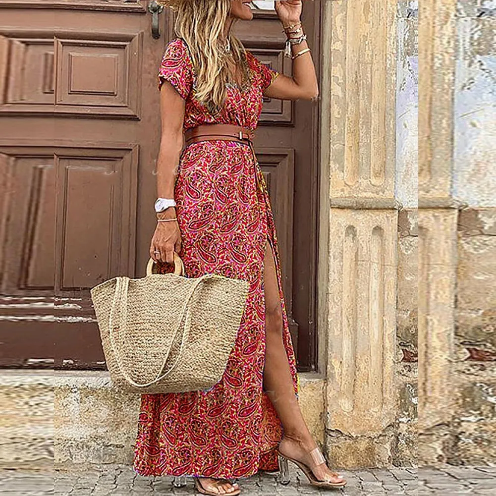 Ashore Shop Womens Boho Long Dress Fashion Paisley Print  V Neck Short Sleeve Dresses Summer Belt Large Hem Beach Dress Elegant 