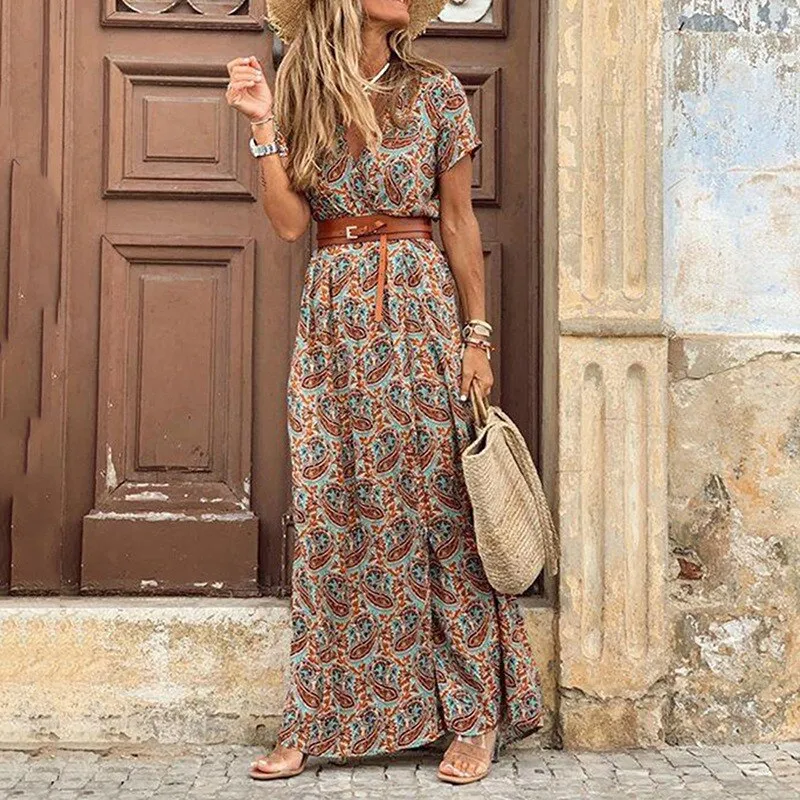 Ashore Shop Womens Boho Long Dress Fashion Paisley Print  V Neck Short Sleeve Dresses Summer Belt Large Hem Beach Dress Elegant 