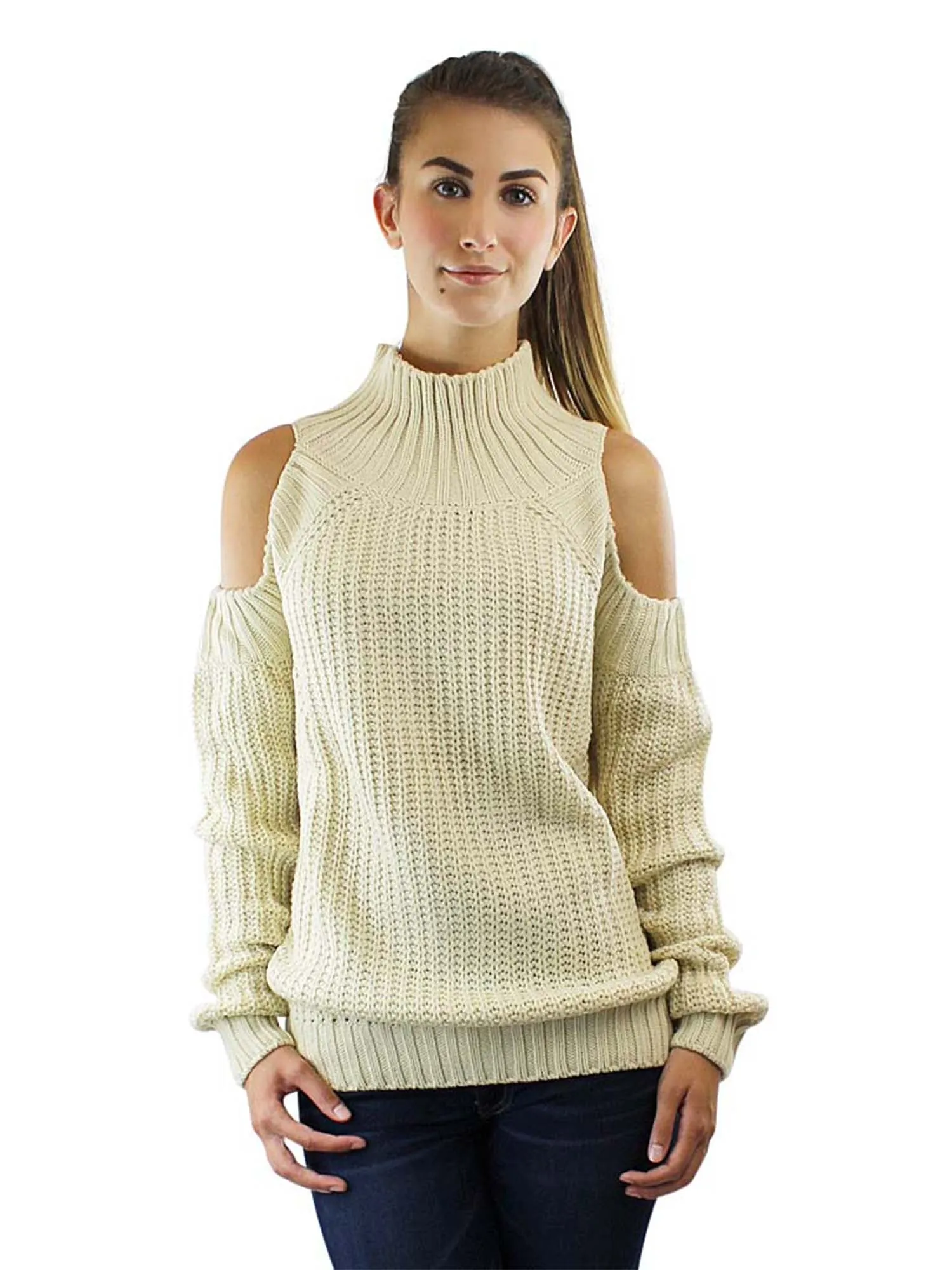 Beige Long Sleeve Cold Shoulder Pullover Sweater