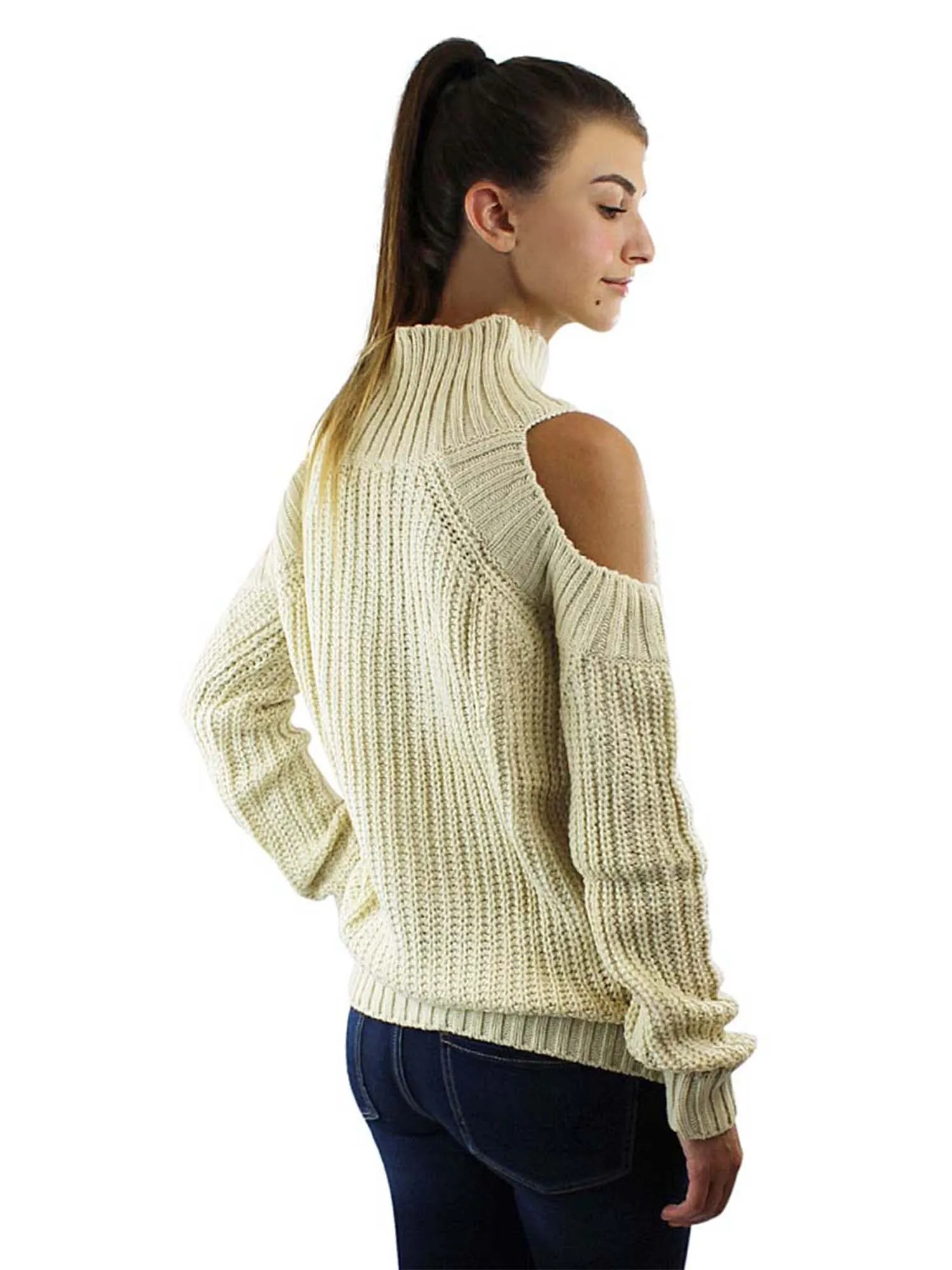 Beige Long Sleeve Cold Shoulder Pullover Sweater