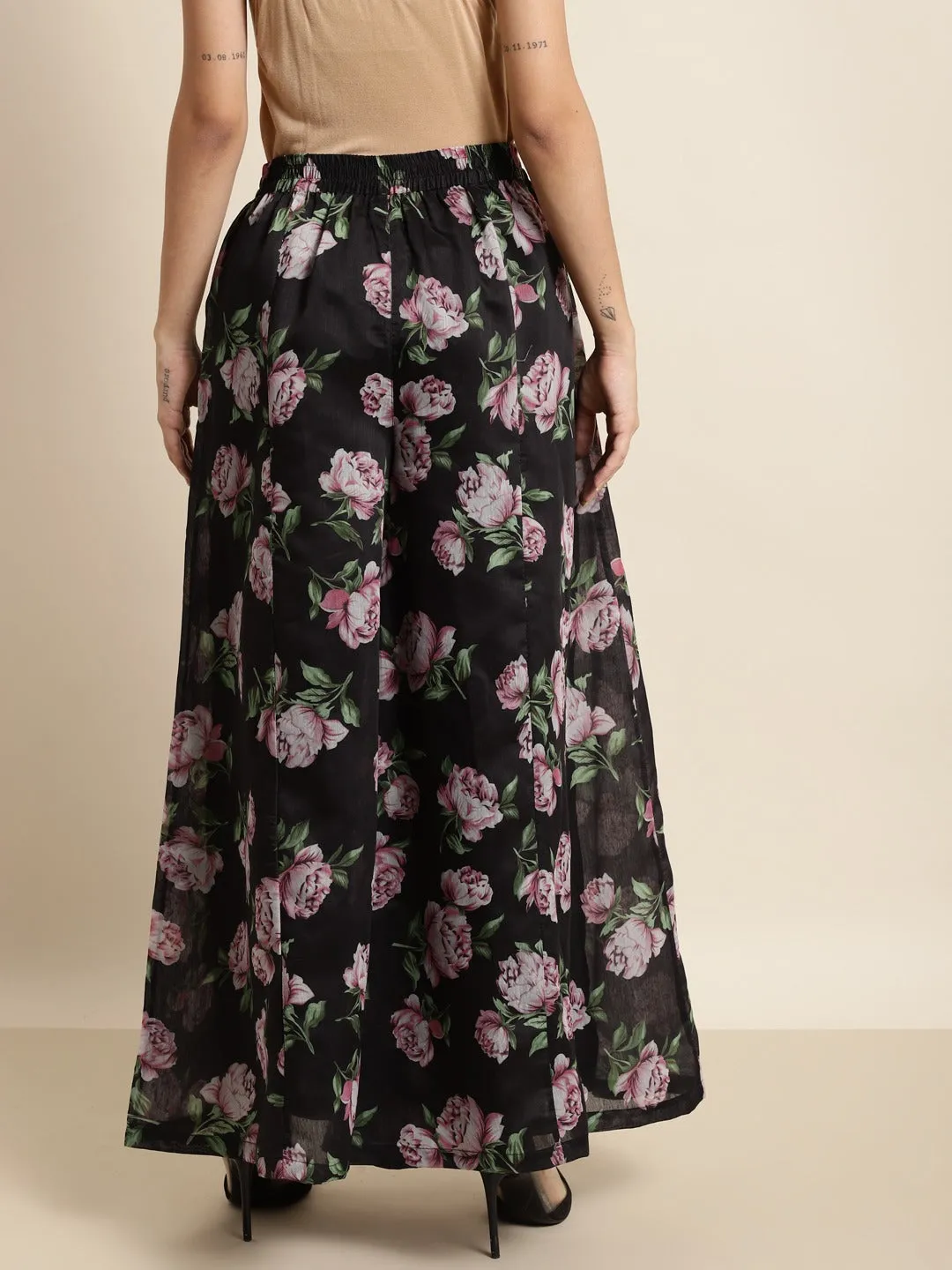 Black & Pink Floral Kali Palazzo Pants