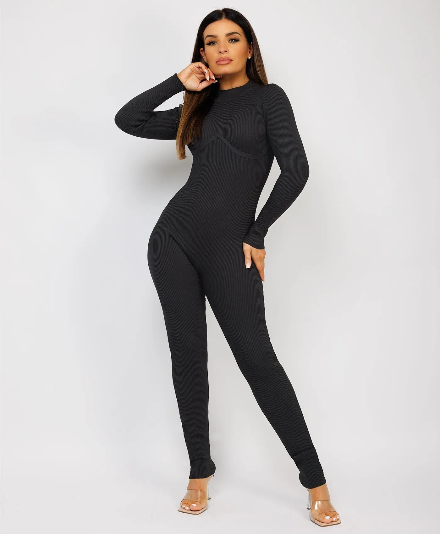 Black Ribbed Underbust Detail Long Sleeves Jumpsuit