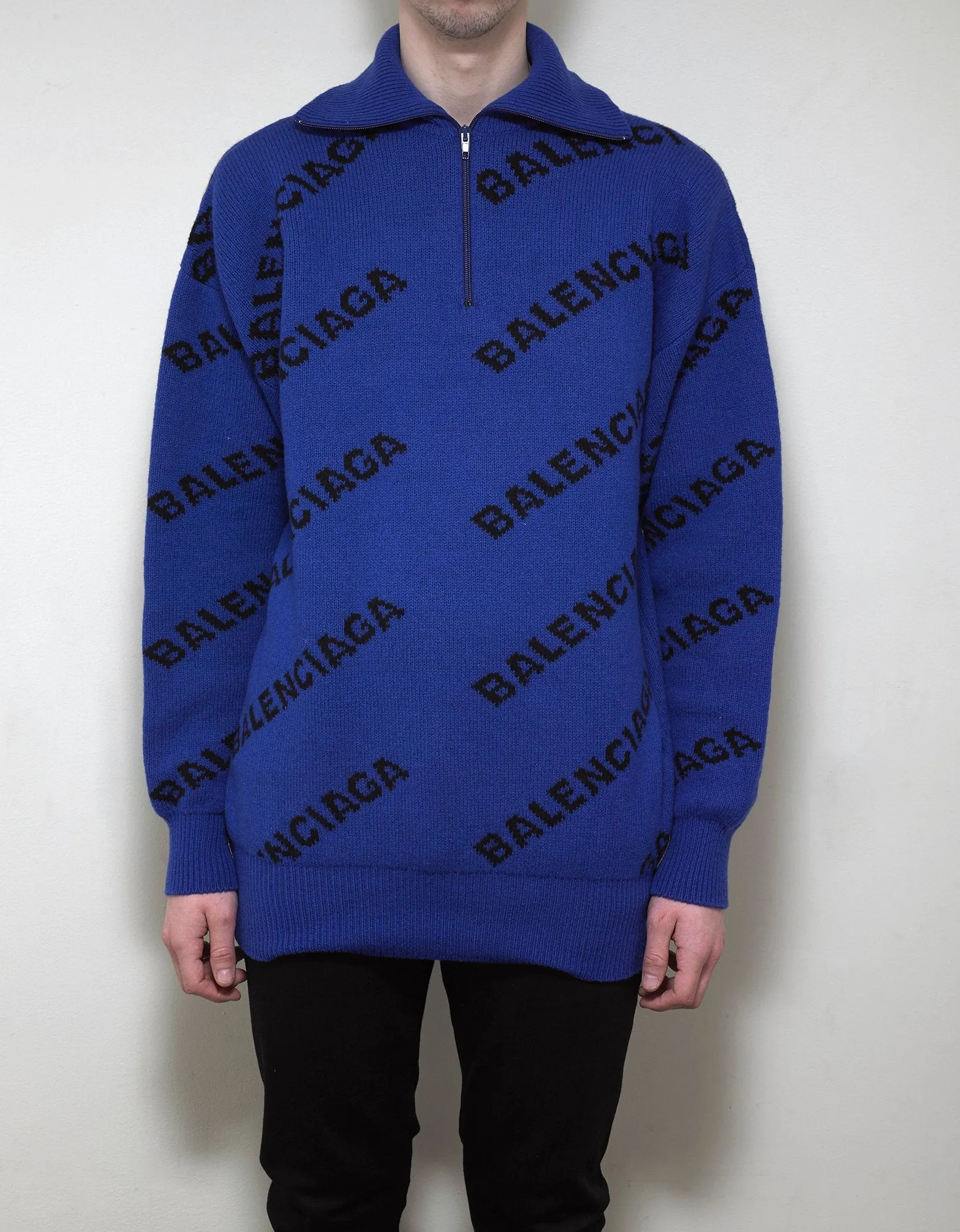 Blue Jacquard Logo Turtleneck Sweater