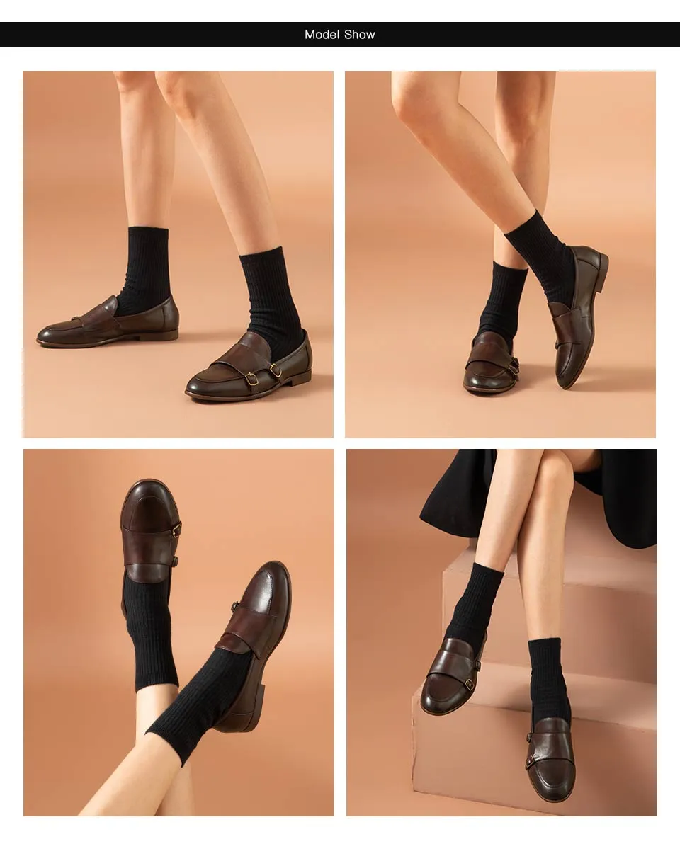 Casual Women's Leather Waxing Round Toe Slip-on Metal Buckle Loafers