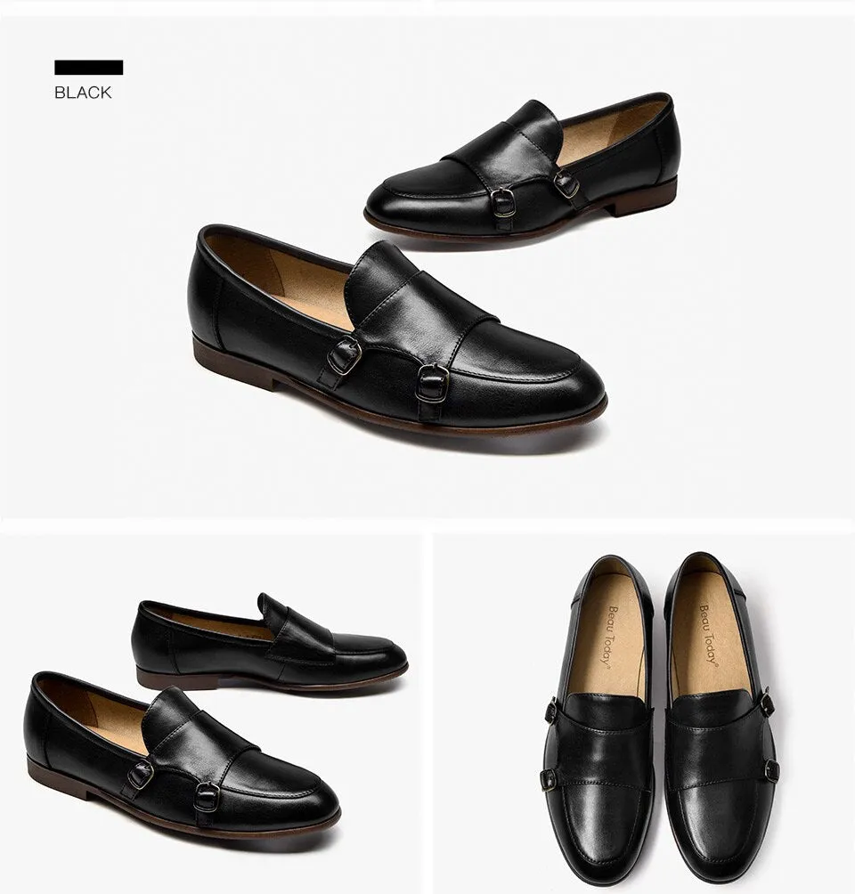 Casual Women's Leather Waxing Round Toe Slip-on Metal Buckle Loafers