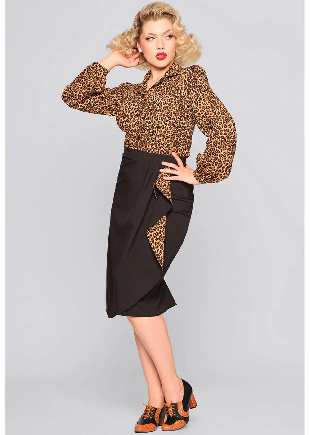 Collectif Anita Leopard Waterfall 50's Pencil Skirt Black Leopard