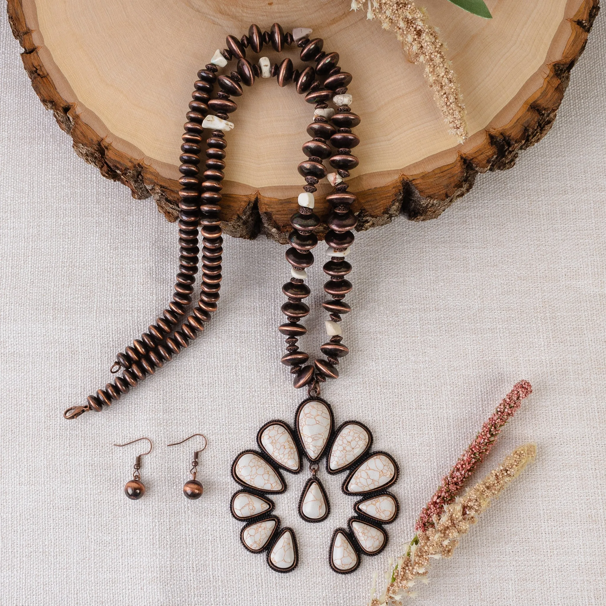 Cream & Copper Navajo Pearl Beaded Necklace with Multi Stone Squash Blossom Pendant