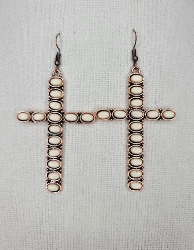 Cream Cross Earrings in copper tone