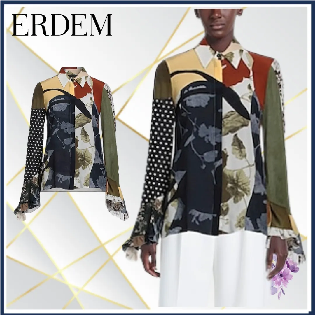 ERDEM  |Flower Patterns Casual Style Silk Long Sleeves Party Style