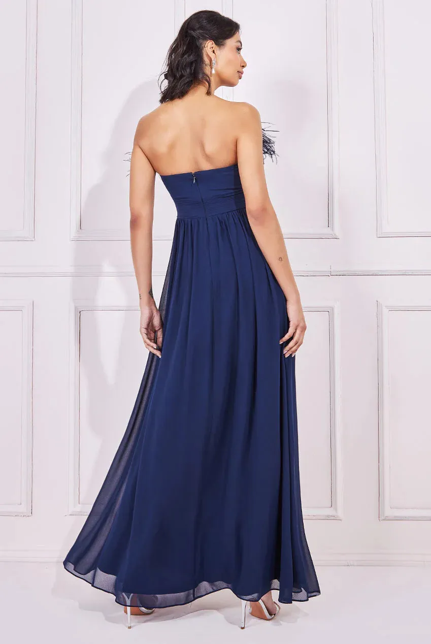 Goddiva Chiffon Feather Bandeau Maxi Dress