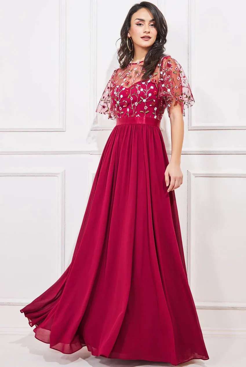 Goddiva Embroidered Top Flutter Sleeve Maxi