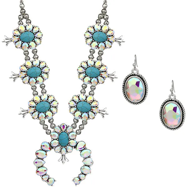 Grande Turquoise & Bling Squash Blossom necklace and earring set