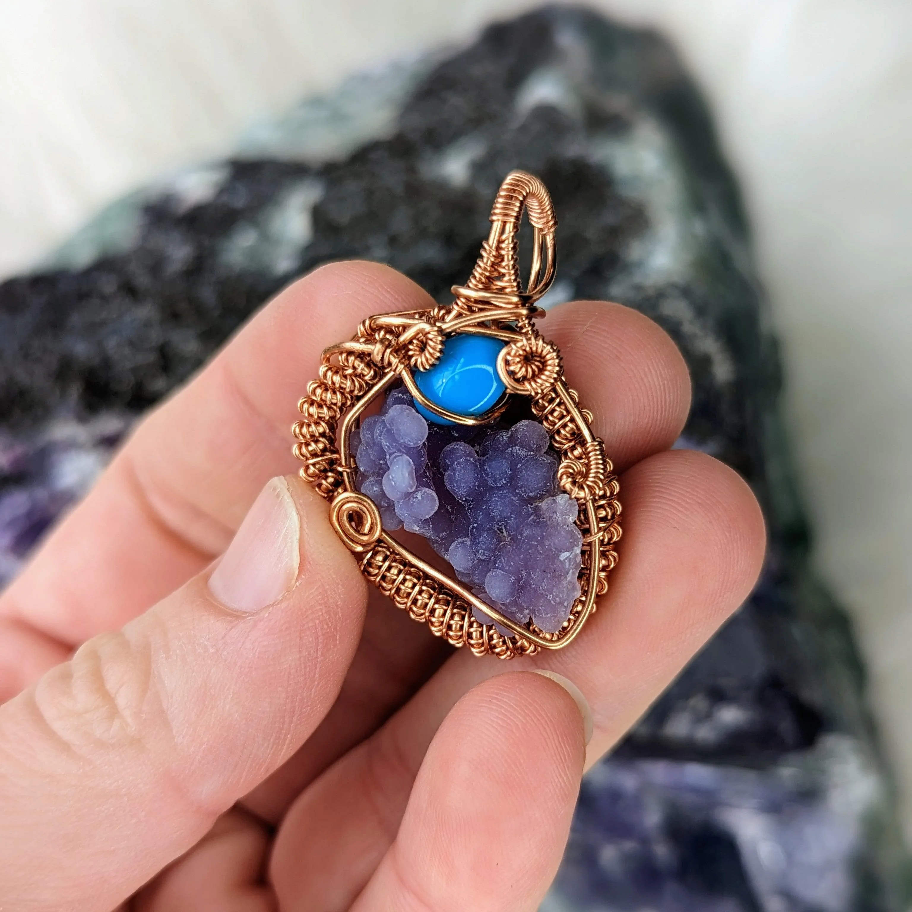 Grape Agate with Turquoise accents~ Copper Wire Wrapped Pendant~ Includes Chain