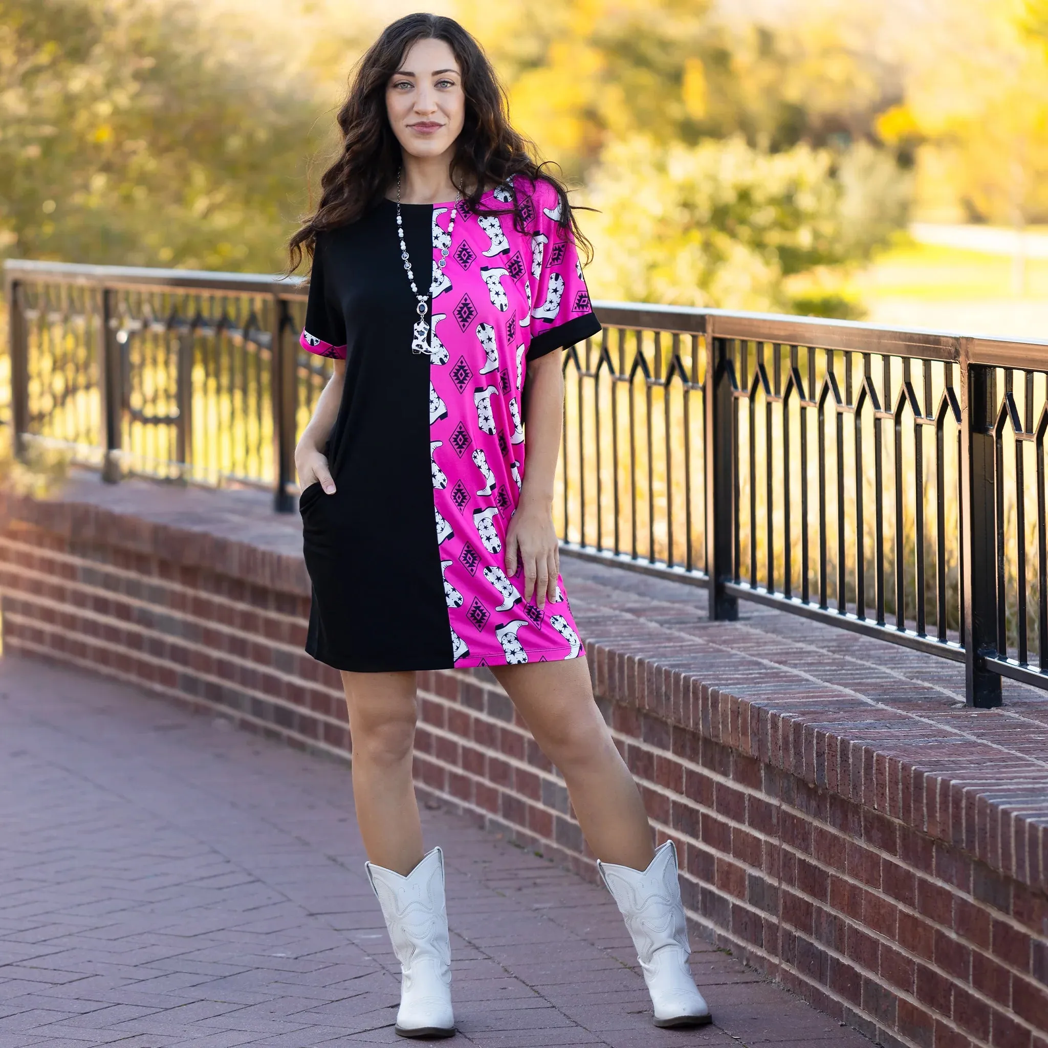 Half Black, Pink Cowgirl boot print dress