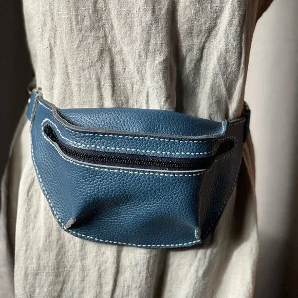 Handmade Blue Leather Fanny Pack