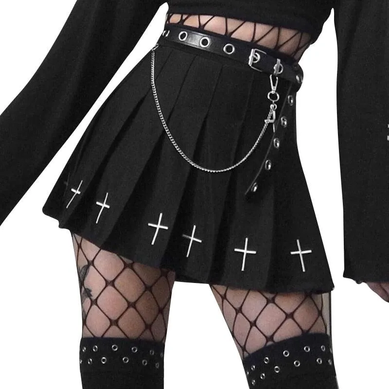 High Waist Gothic Cross Print Pleated Mini Skirt