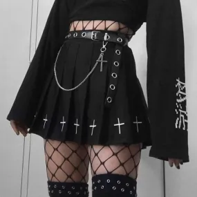 High Waist Gothic Cross Print Pleated Mini Skirt