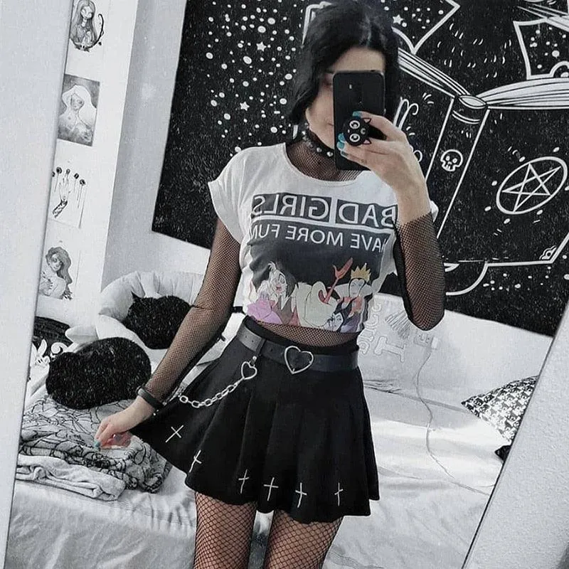 High Waist Gothic Cross Print Pleated Mini Skirt