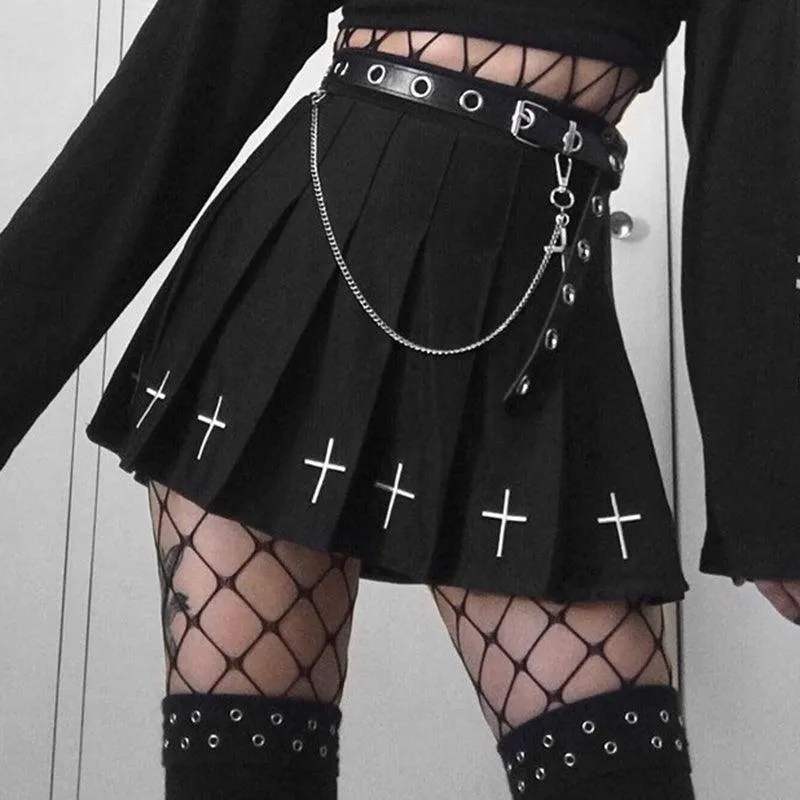 High Waist Gothic Cross Print Pleated Mini Skirt