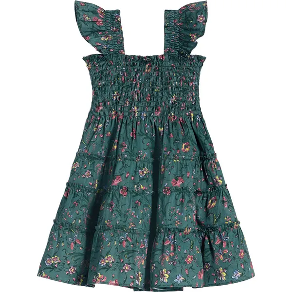 Hill House Home The Tiny Ellie Ruffle Shoulder Smocked Tiered Nap Dress, Fleur Chintz Bottle Green