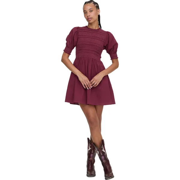 Hill House Home The Women's Vivi Cuff Sleeve Smocked Bodice Nap Dress, Burgundy Shadow Stripe