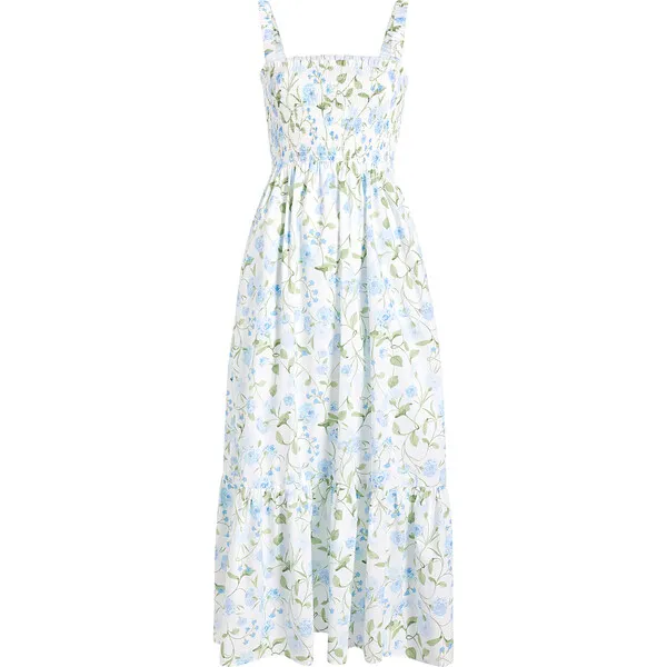 Hill House Home Women's Anjuli Cotton Poplin Peony Bouquet Print Nap Dress, Blue & Green