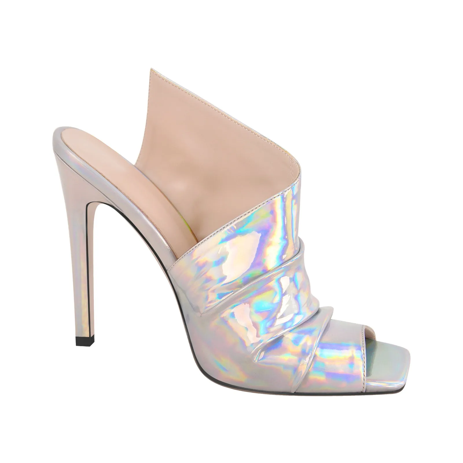 Holographic Square Toe Stiletto Shiny Sandals