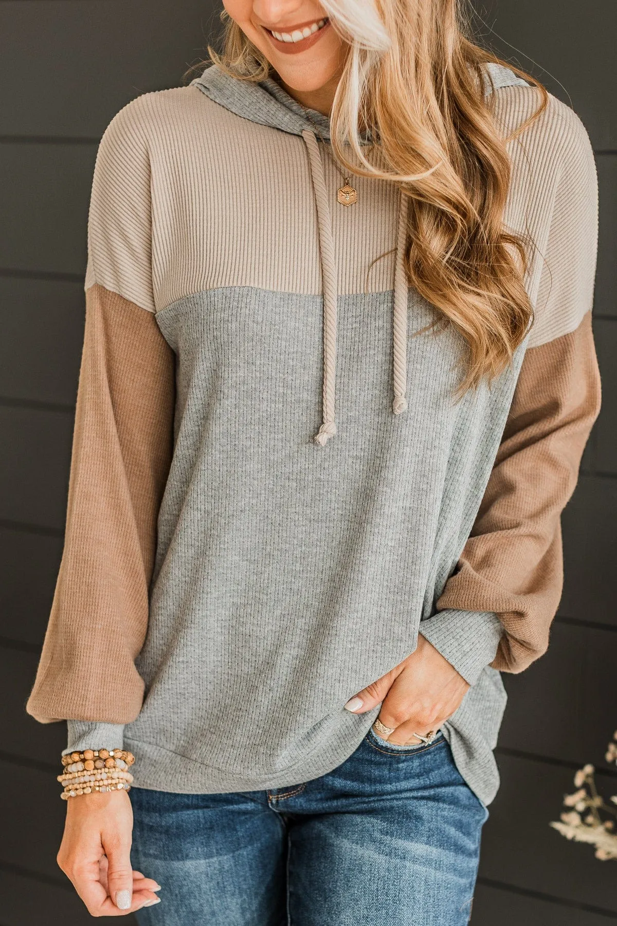 Impress You Hooded Knit Top- Grey & Taupe