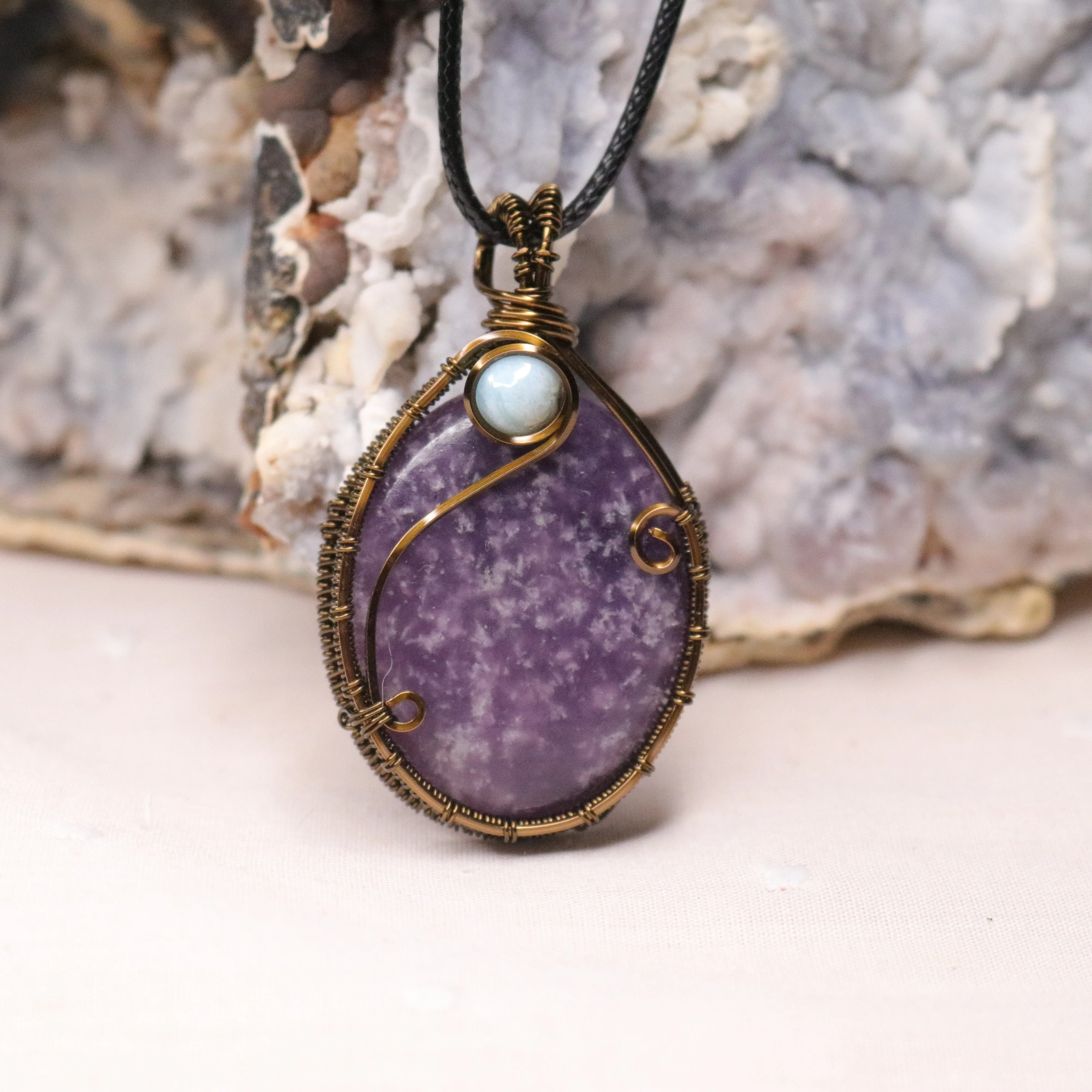 Lepidolite Pendant with Larimar Accents ~ Energy Healing Powerhouse Talisman ~ Antique Brass