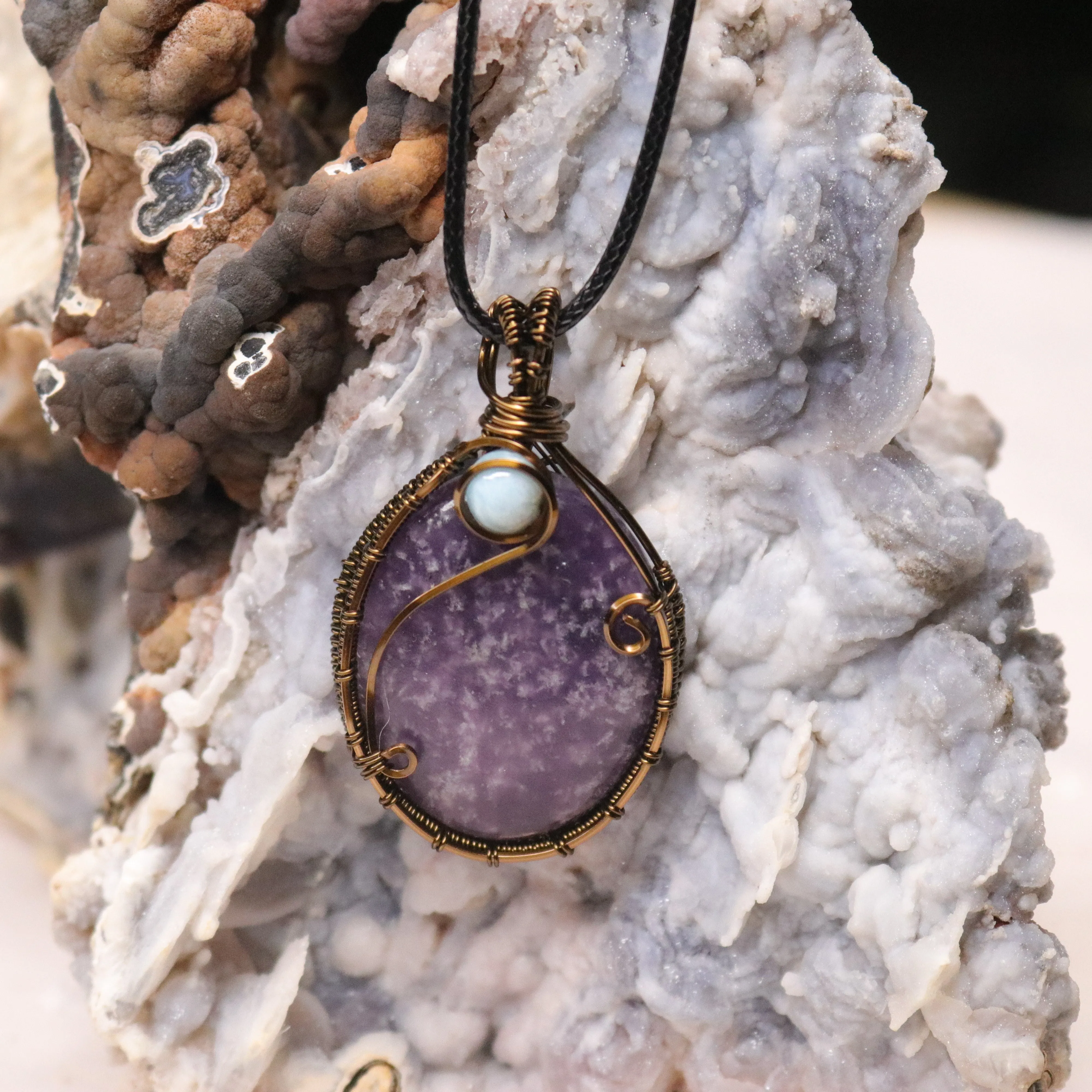 Lepidolite Pendant with Larimar Accents ~ Energy Healing Powerhouse Talisman ~ Antique Brass