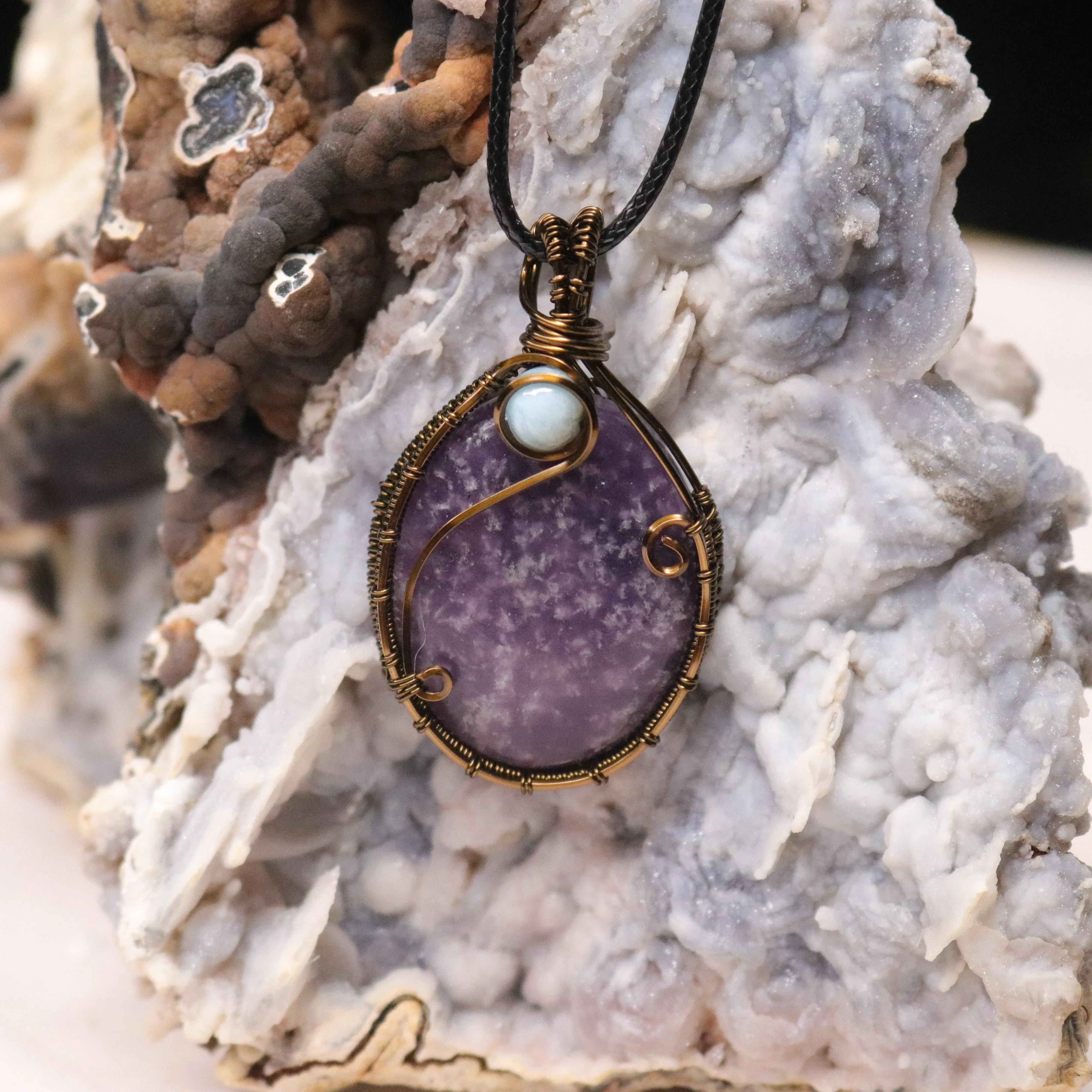 Lepidolite Pendant with Larimar Accents ~ Energy Healing Powerhouse Talisman ~ Antique Brass