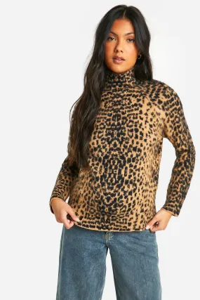 Maternity Brushed Leopard Knitted Turtleneck Sweater