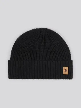 Mens Fleece Lined Waffle Knit Beanie in Black