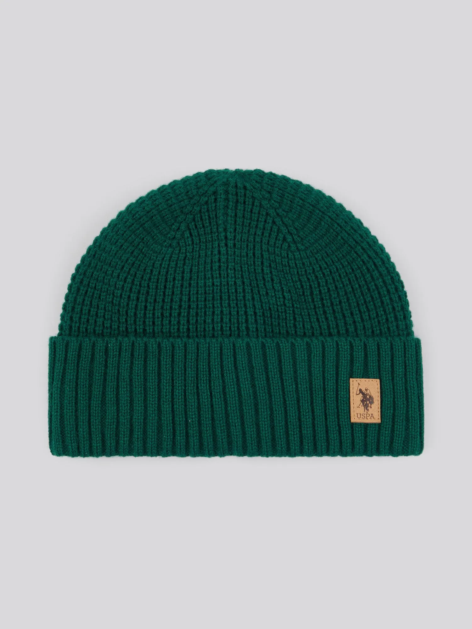 Mens Fleece Lined Waffle Knit Beanie in Rain Forest