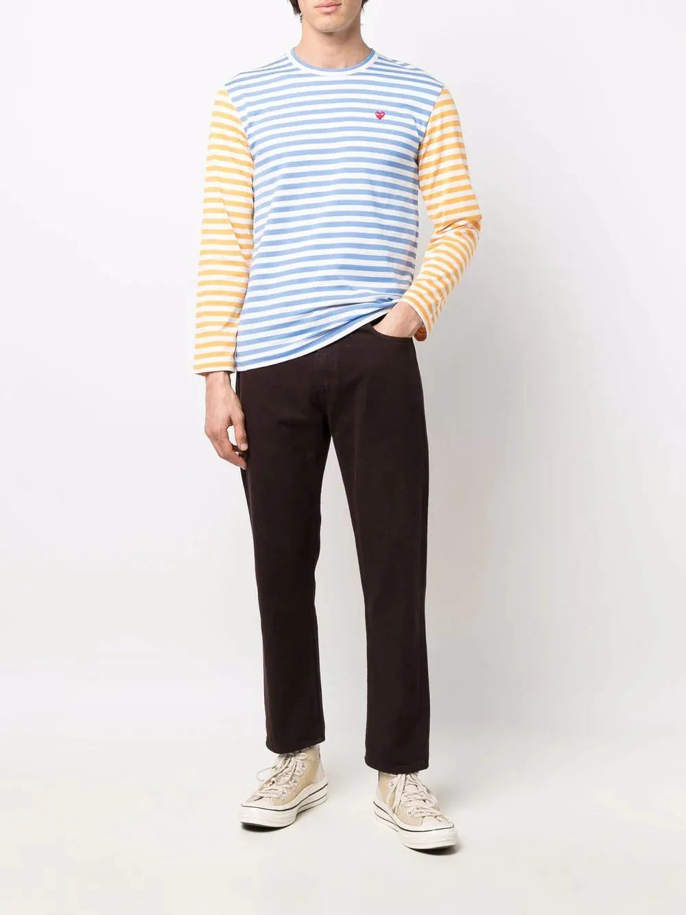 Mens Long Sleeves Tee Bi-Colour Striped - Blue/Yellow