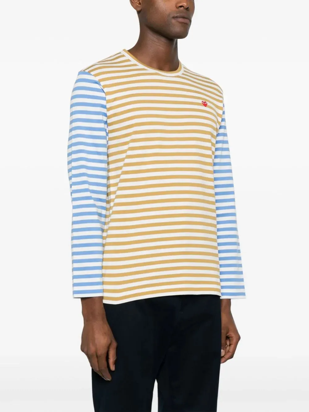 Mens Long Sleeves Tee Bi-Colour Striped - Olive/Blue