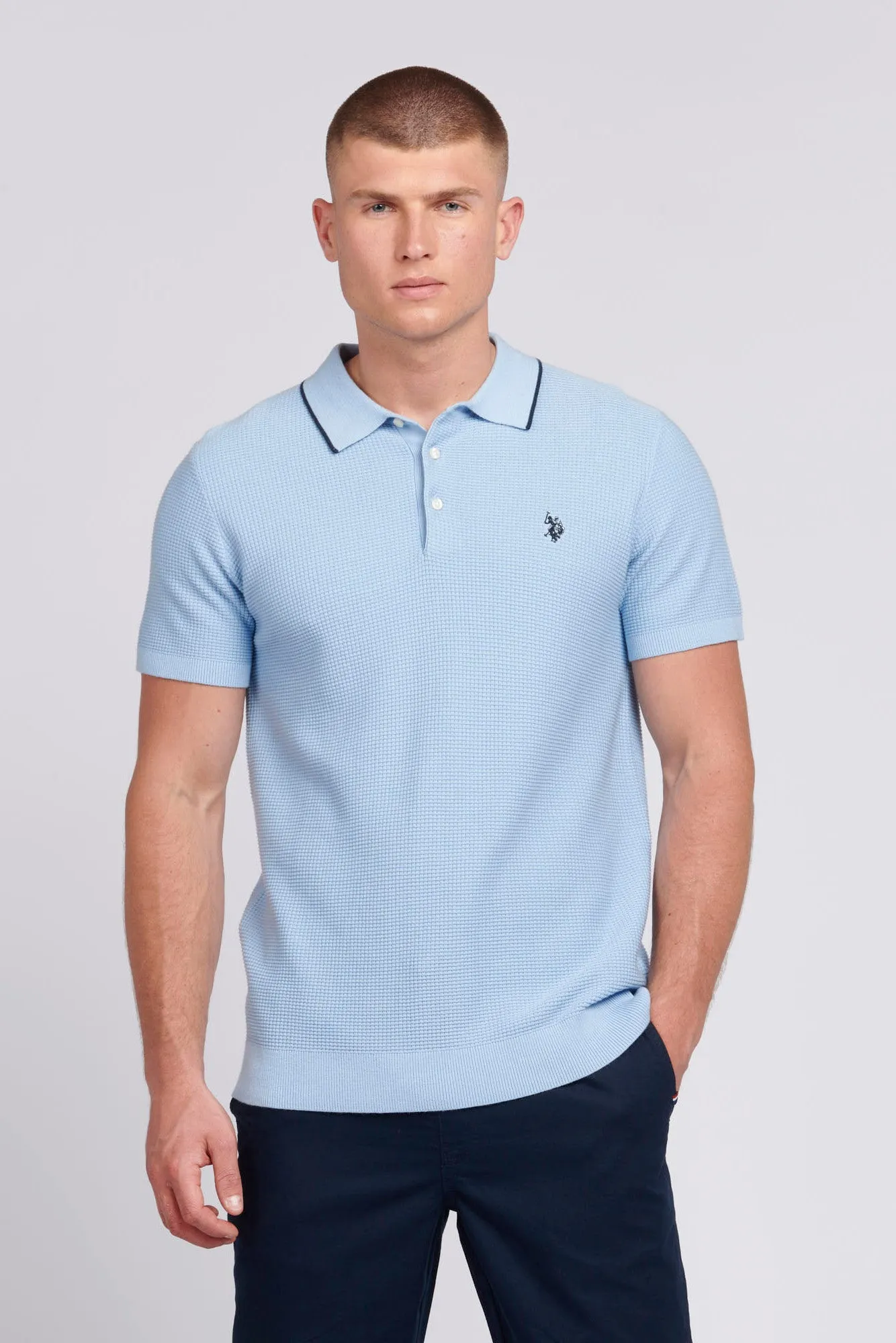 Mens Regular Fit Waffle Knit Polo Shirt in Chambray Blue