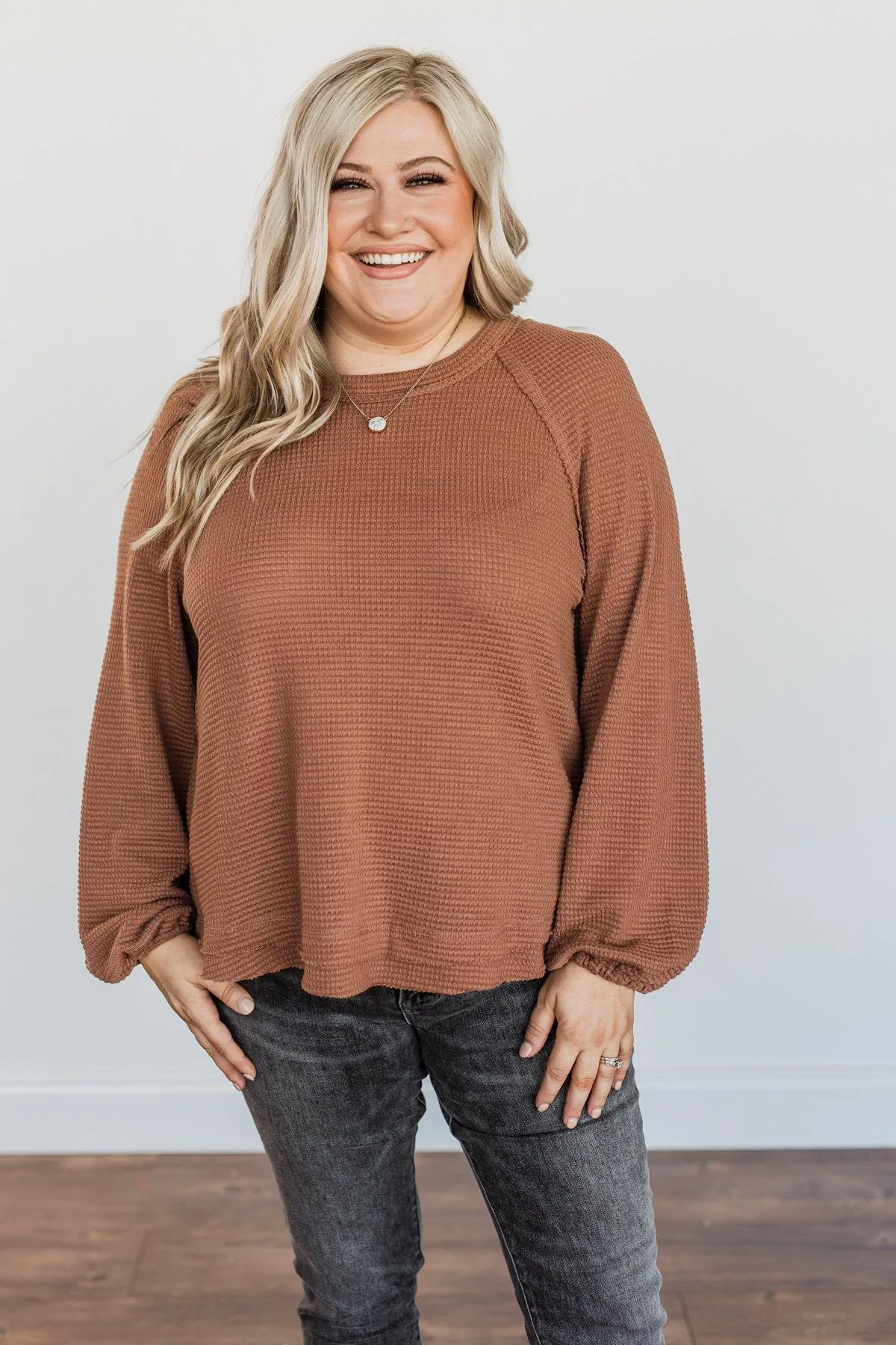 Out Of The Woods Waffle Knit Long Sleeve Top- Brown