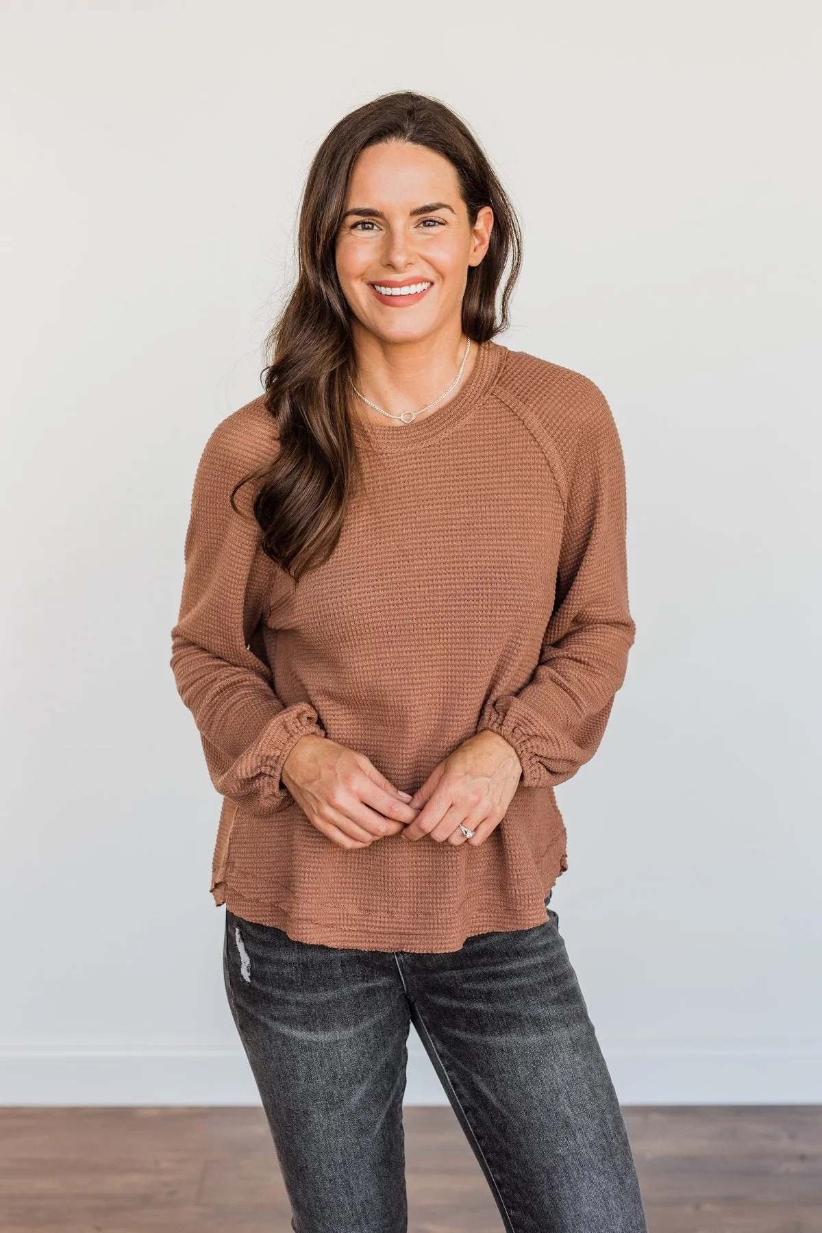 Out Of The Woods Waffle Knit Long Sleeve Top- Brown