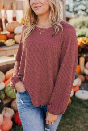 Out Of The Woods Waffle Knit Long Sleeve Top- Burgundy