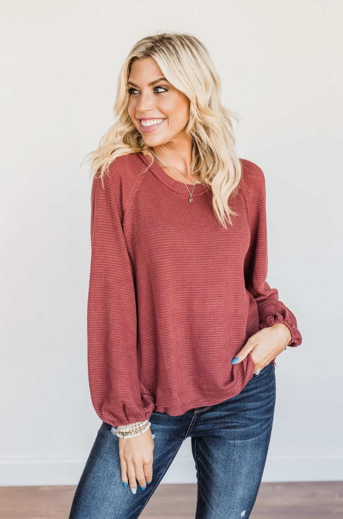 Out Of The Woods Waffle Knit Long Sleeve Top- Burgundy