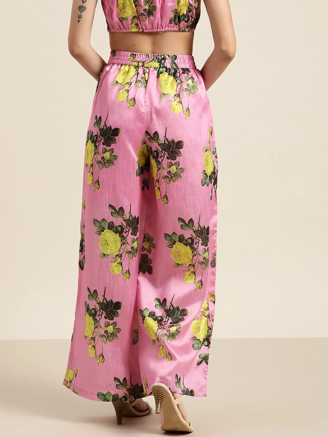 Pink Floral Polysilk Palazzo Pants