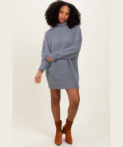 PinkBlush Cream Fuzzy Knit Turtleneck Sweater Mini Dress