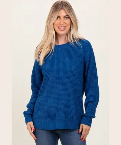 PinkBlush Dark Blue Waffle Knit Rounded Hem Sweater