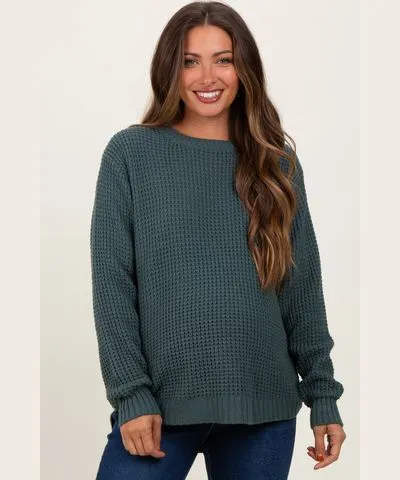 PinkBlush Dark Jade Waffle Knit Rounded Hem Maternity Sweater