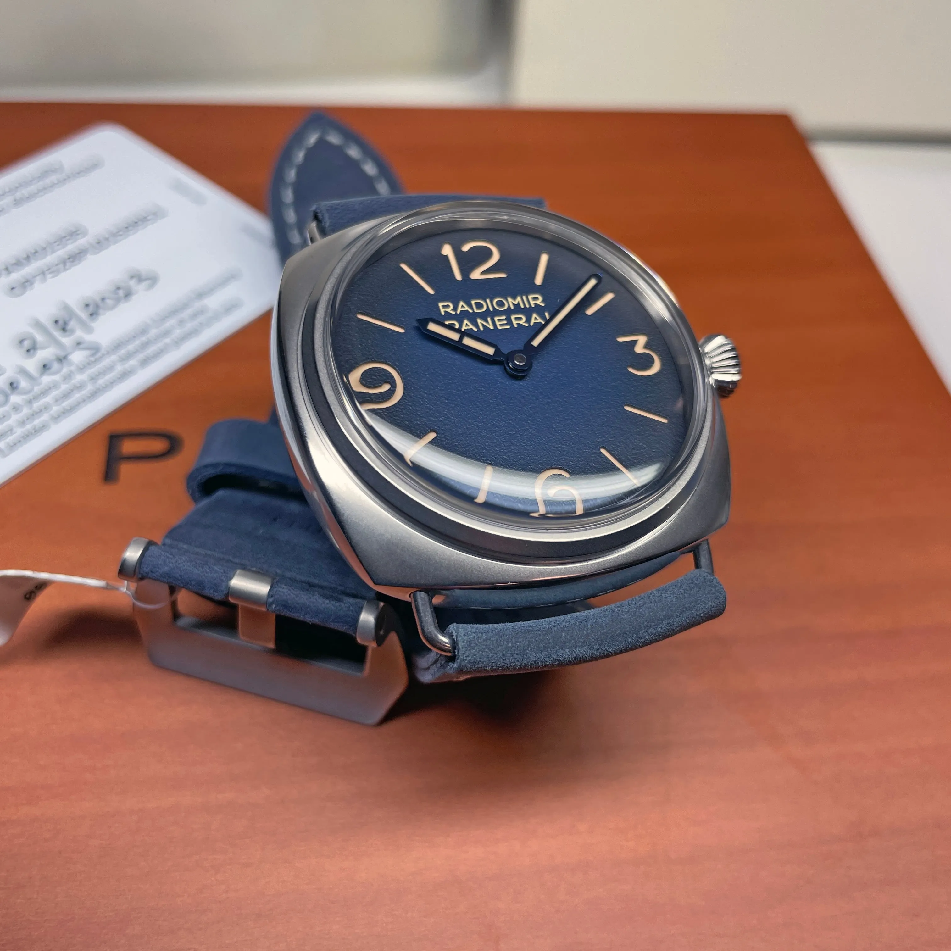 Pre-owned Panerai Radiomir Tre Giorni Blue Suede PAM01335 - 45mm Watch