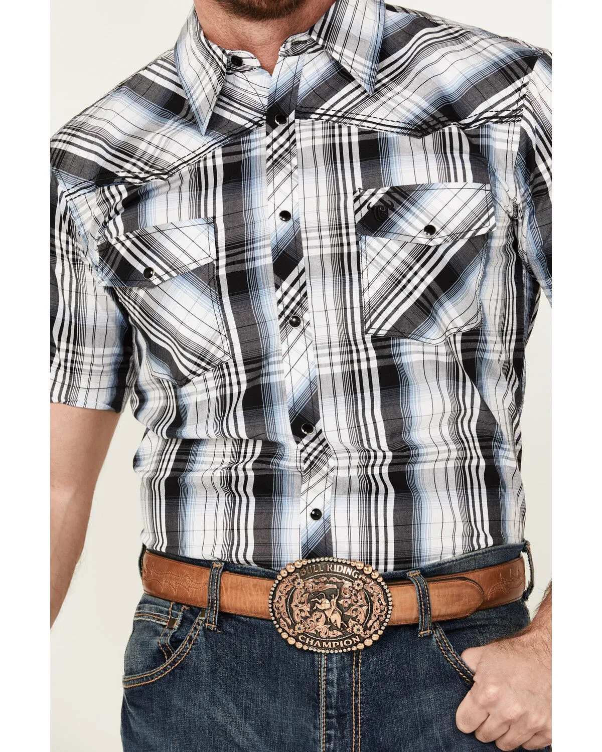 Product Name:  Cowboy Hardware Men's Hermosillo Gradient Plaid Print Short Sleeve Pearl Snap Western Shirt